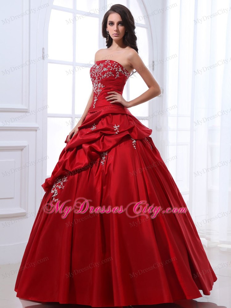 Wine Red Taffeta Appliqued Quinceanera Dress with Pick-ups