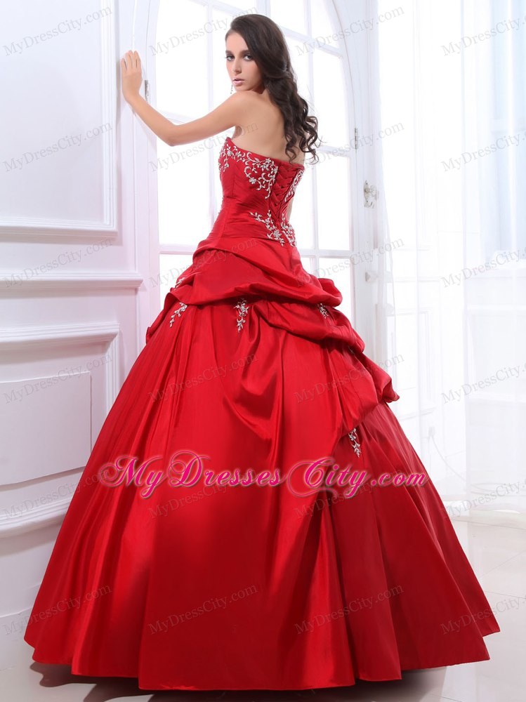 Wine Red Taffeta Appliqued Quinceanera Dress with Pick-ups