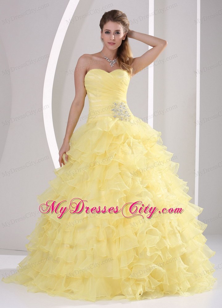 Light Yellow Sweetheart Beaded Quinceaners Gown with Ruches