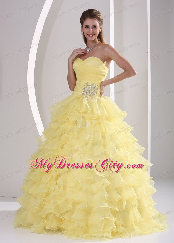 Light Yellow Sweetheart Beaded Quinceaners Gown with Ruches