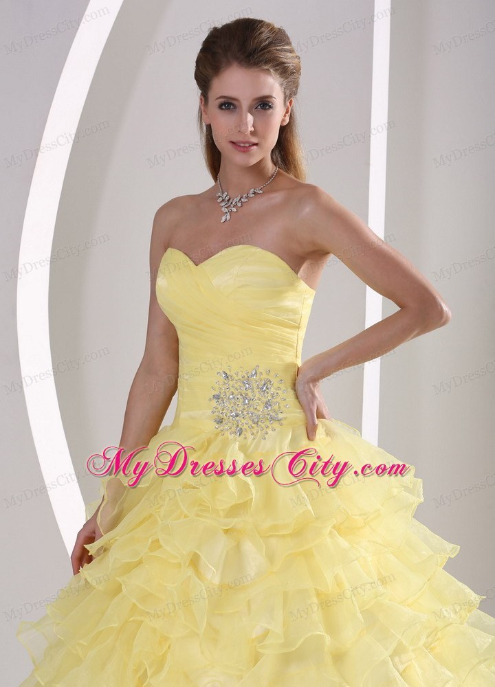 Light Yellow Sweetheart Beaded Quinceaners Gown with Ruches