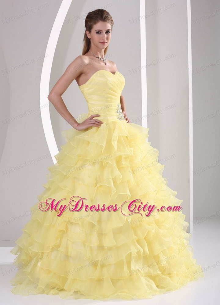 Light Yellow Sweetheart Beaded Quinceaners Gown with Ruches