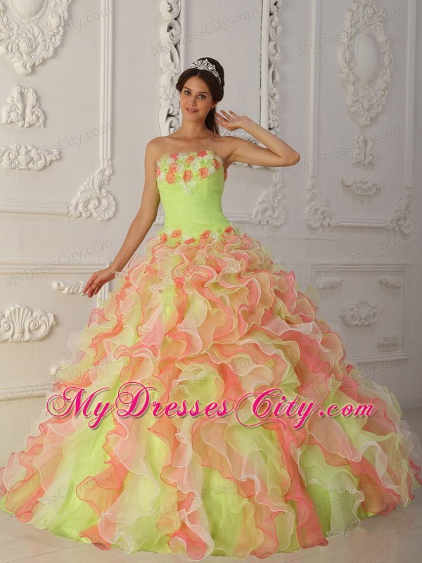 Multi-Color Strapless Hand Flowers and Ruffles Quinceanera Dress