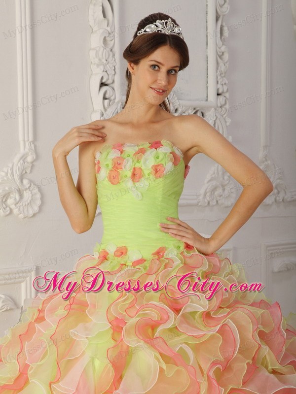 Multi-Color Strapless Hand Flowers and Ruffles Quinceanera Dress