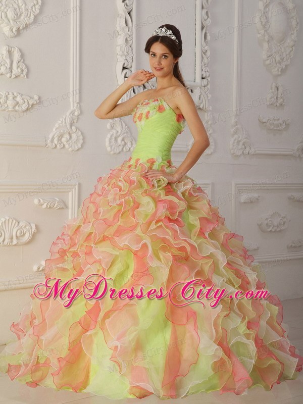 Multi-Color Strapless Hand Flowers and Ruffles Quinceanera Dress