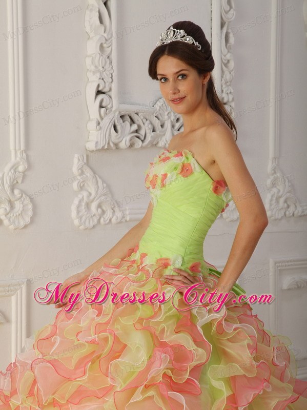 Multi-Color Strapless Hand Flowers and Ruffles Quinceanera Dress