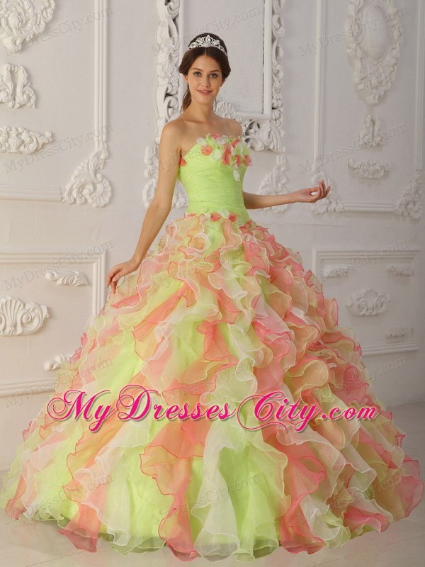 Multi-Color Strapless Hand Flowers and Ruffles Quinceanera Dress