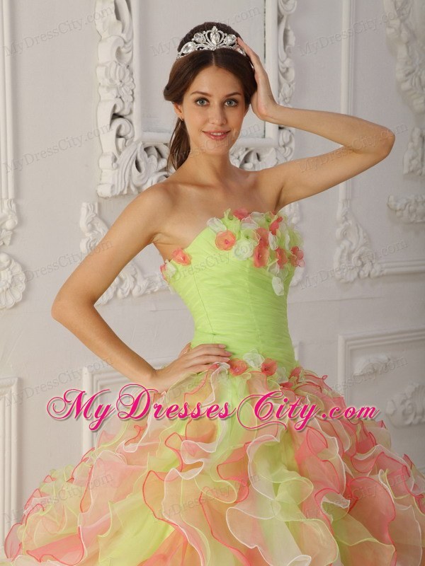 Multi-Color Strapless Hand Flowers and Ruffles Quinceanera Dress