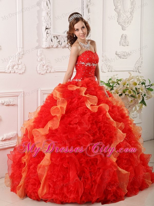 Red Sweetheart Organza Beading Quinceanera Dress with Ruffles