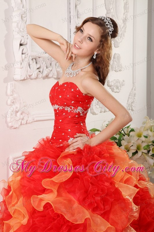 Red Sweetheart Organza Beading Quinceanera Dress with Ruffles