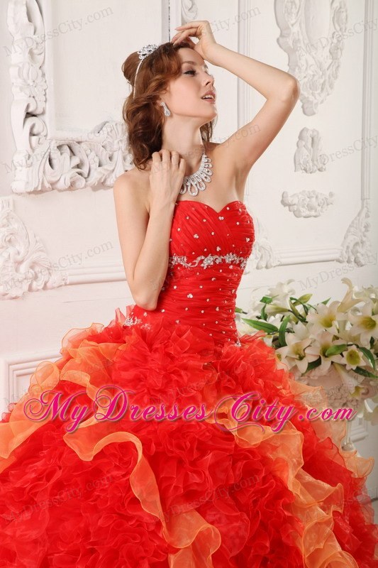 Red Sweetheart Organza Beading Quinceanera Dress with Ruffles