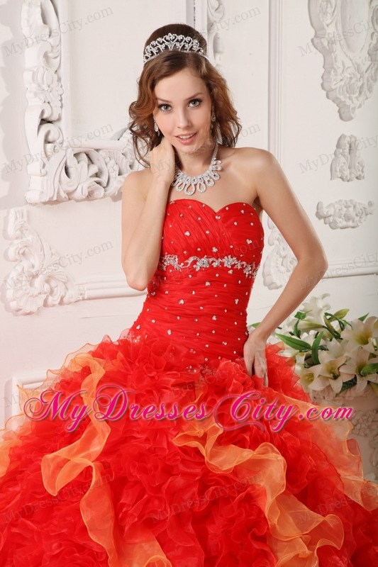 Red Sweetheart Organza Beading Quinceanera Dress with Ruffles