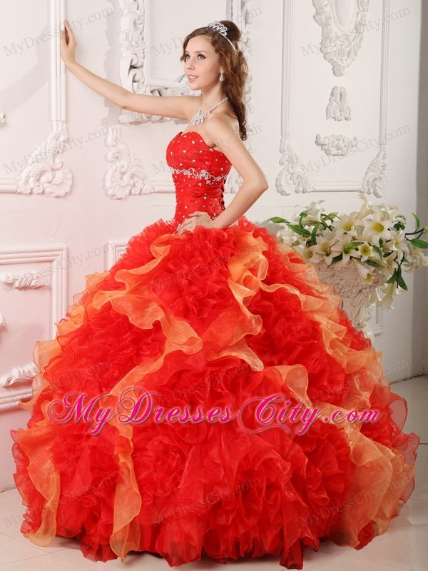 Red Sweetheart Organza Beading Quinceanera Dress with Ruffles