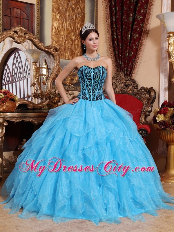 Aqua Blue Organza Embroidery with Beading Quinceanera Dress