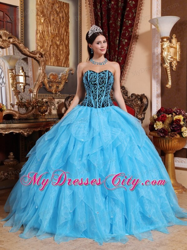 Aqua Blue Organza Embroidery with Beading Quinceanera Dress