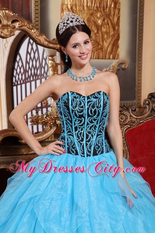 Aqua Blue Organza Embroidery with Beading Quinceanera Dress