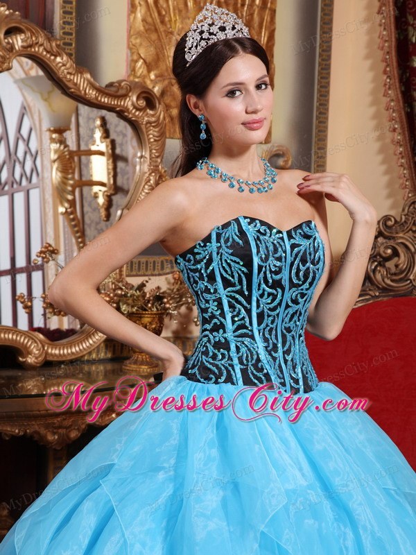 Aqua Blue Organza Embroidery with Beading Quinceanera Dress