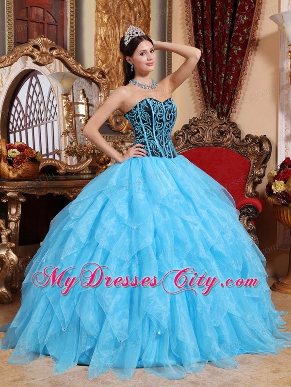 Aqua Blue Organza Embroidery with Beading Quinceanera Dress