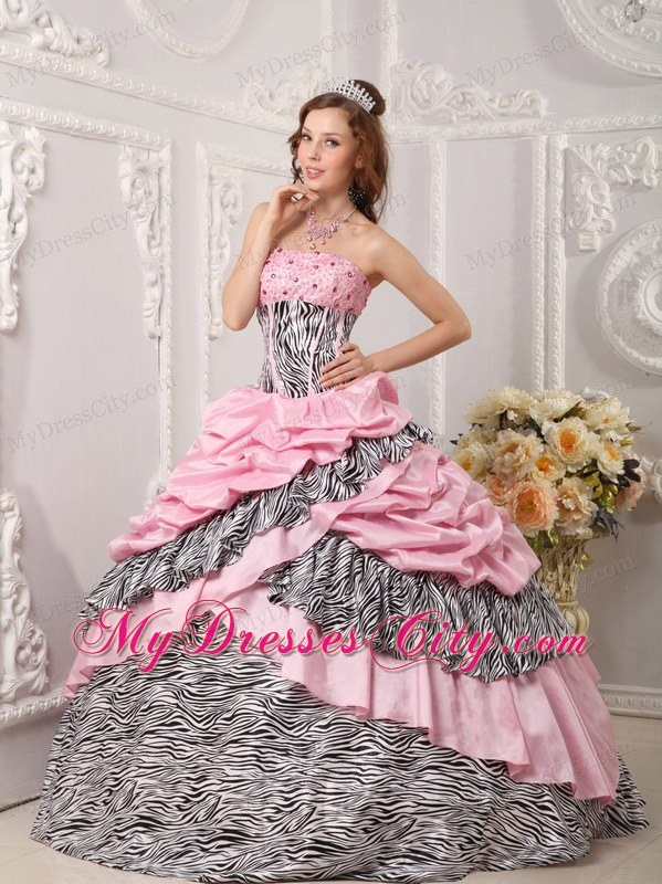 Romantic Taffeta and Zebra Beading Pink Quinceanera Dress