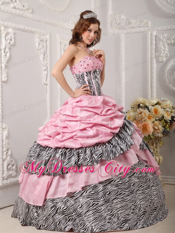 Romantic Taffeta and Zebra Beading Pink Quinceanera Dress