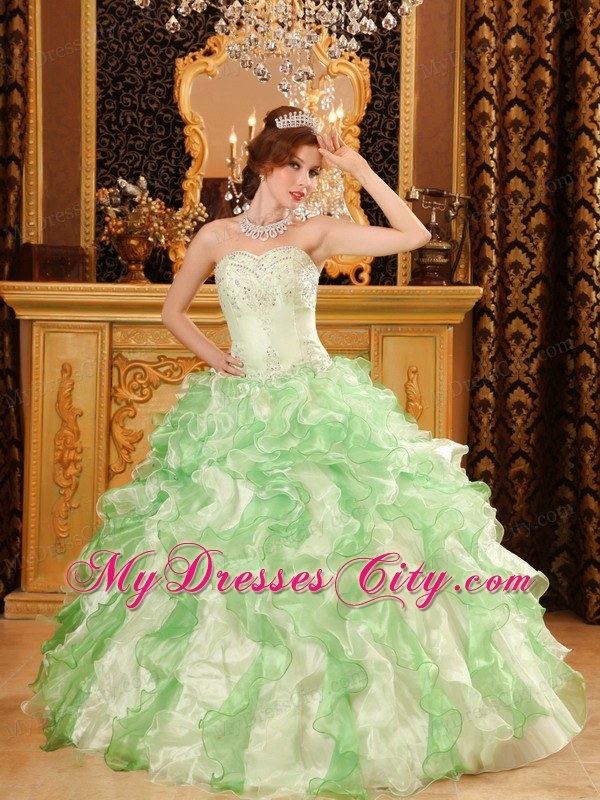 Apple Green Organza Beading and Ruffles Sweet Sixteen Dress