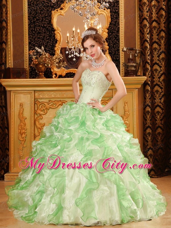 Apple Green Organza Beading and Ruffles Sweet Sixteen Dress