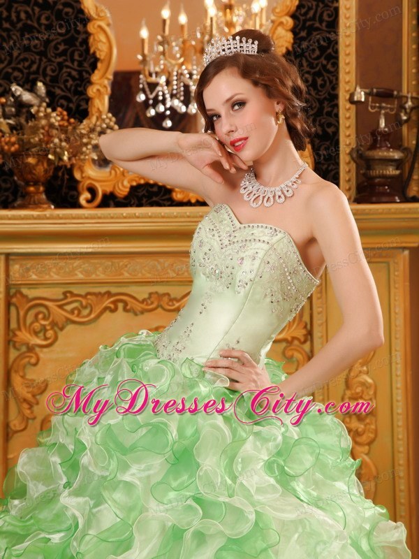 Apple Green Organza Beading and Ruffles Sweet Sixteen Dress