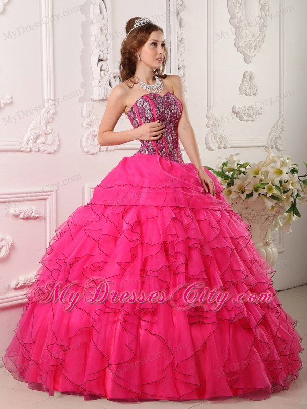 Hot Pink Sweetheart Organza Quinceanera Dress with Beading