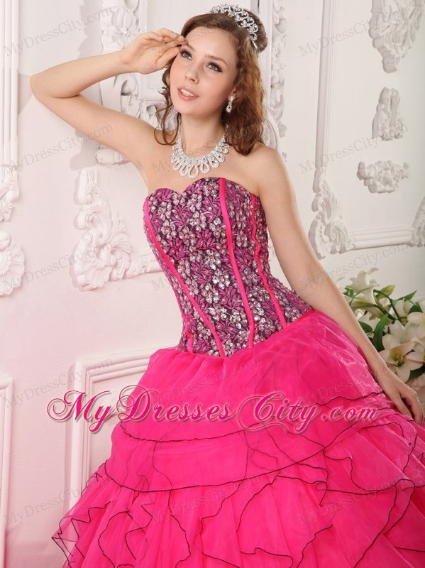 Hot Pink Sweetheart Organza Quinceanera Dress with Beading