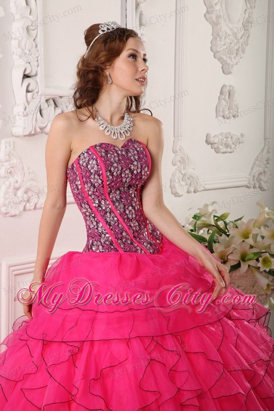 Hot Pink Sweetheart Organza Quinceanera Dress with Beading