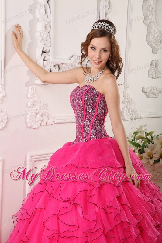 Hot Pink Sweetheart Organza Quinceanera Dress with Beading