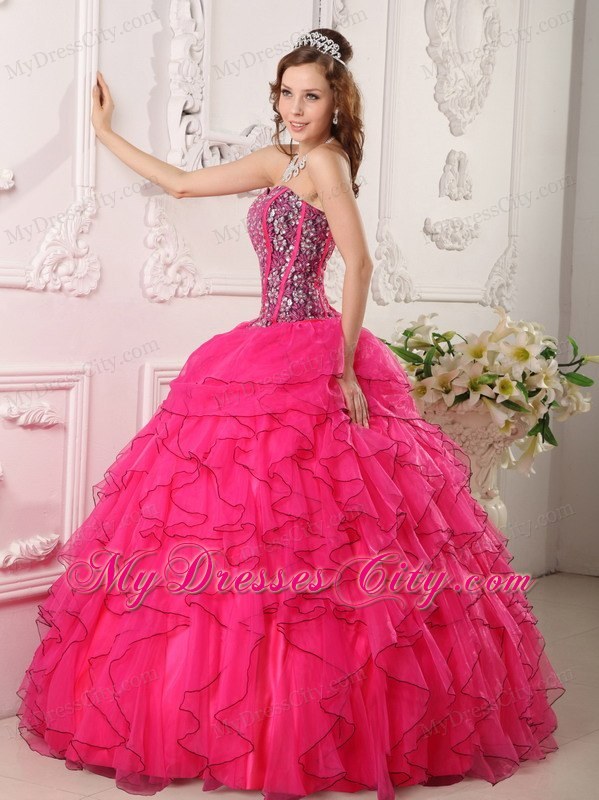 Hot Pink Sweetheart Organza Quinceanera Dress with Beading