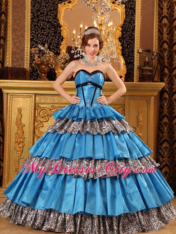 Sweetheart Taffeta Ruffles Blue Quinceanera Dress with Zebra