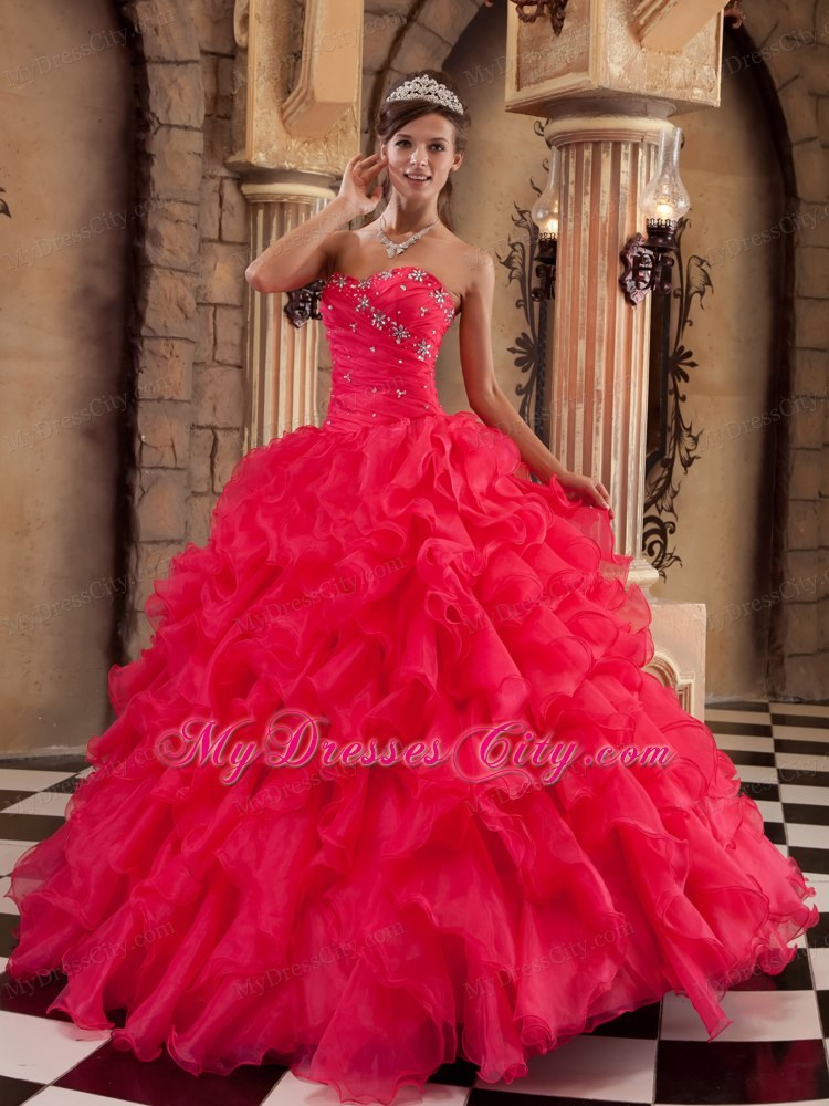 Coral Red Ball Gown Sweetheart Ruffled Organza Quinceanera Dress