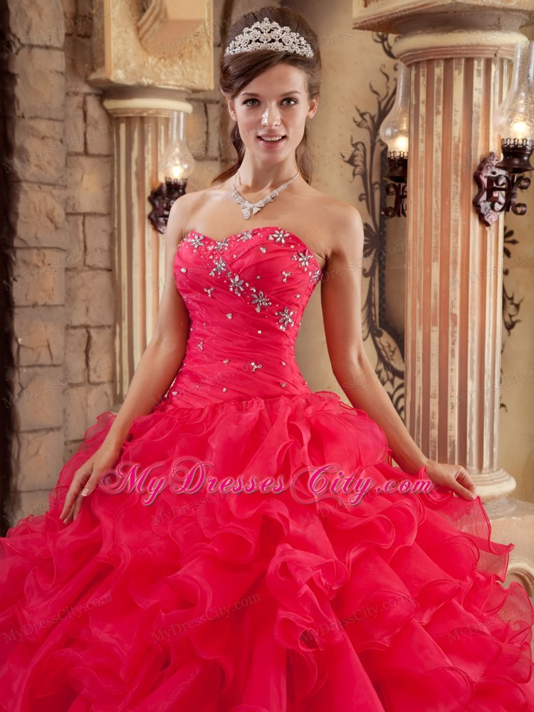 Coral Red Ball Gown Sweetheart Ruffled Organza Quinceanera Dress