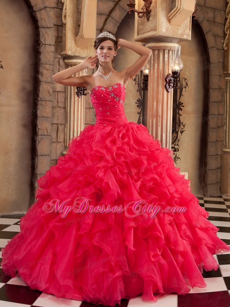 Coral Red Ball Gown Sweetheart Ruffled Organza Quinceanera Dress