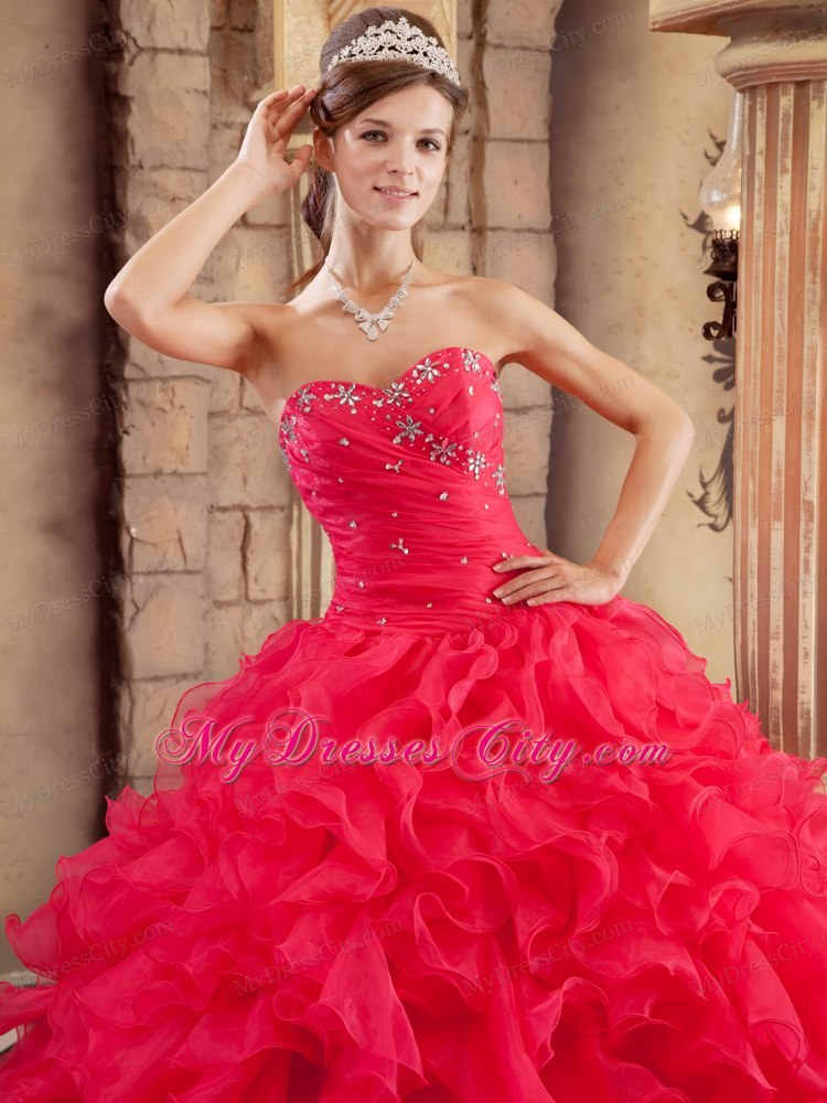 Coral Red Ball Gown Sweetheart Ruffled Organza Quinceanera Dress