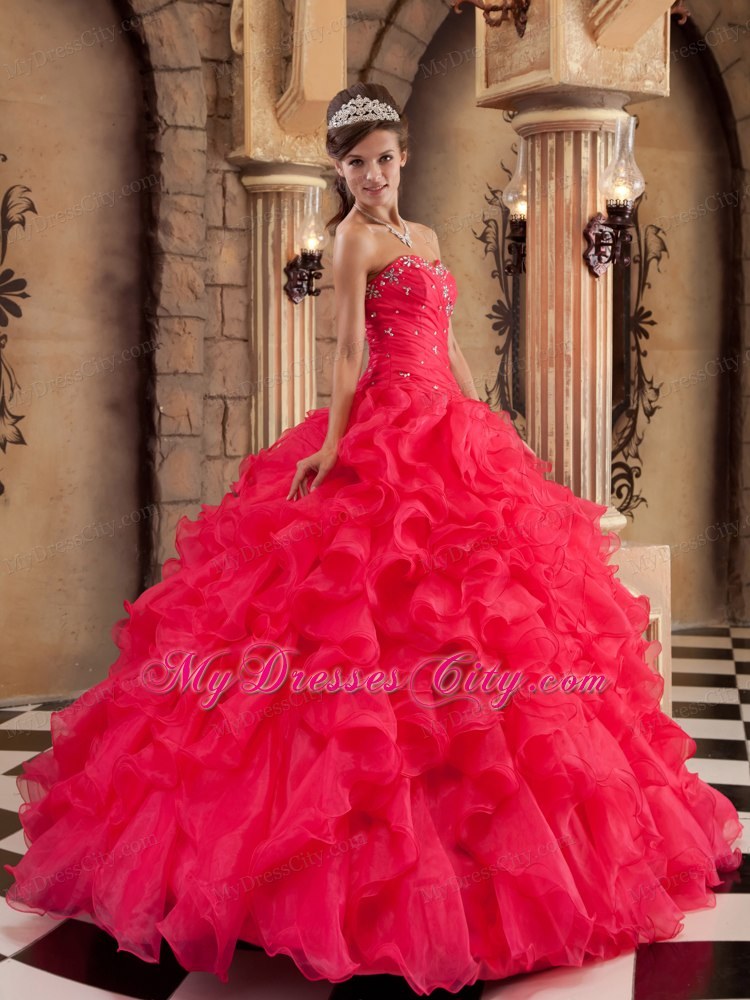 Coral Red Ball Gown Sweetheart Ruffled Organza Quinceanera Dress