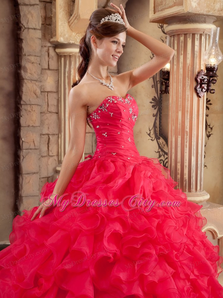 Coral Red Ball Gown Sweetheart Ruffled Organza Quinceanera Dress