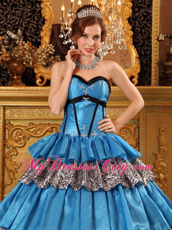 Sweetheart Taffeta Ruffles Blue Quinceanera Dress with Zebra