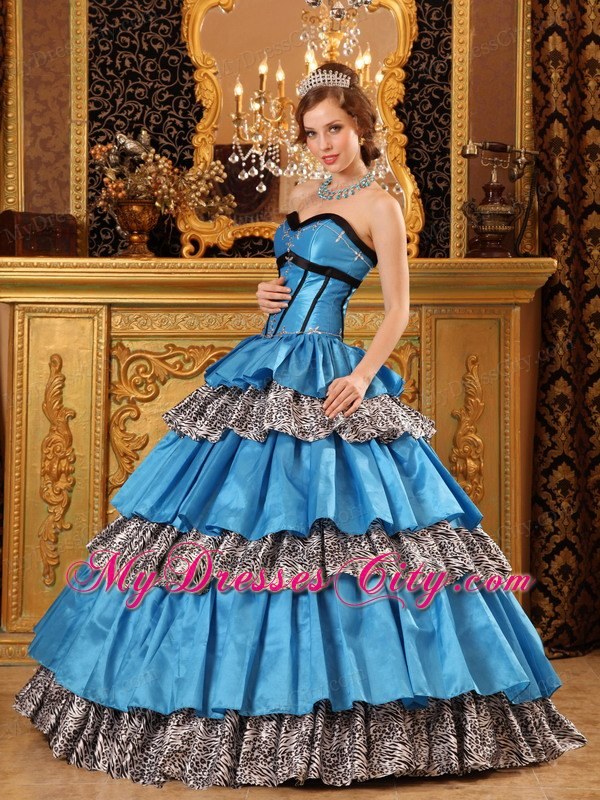 Sweetheart Taffeta Ruffles Blue Quinceanera Dress with Zebra