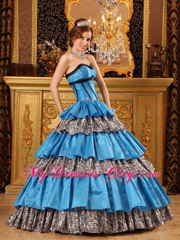 Sweetheart Taffeta Ruffles Blue Quinceanera Dress with Zebra