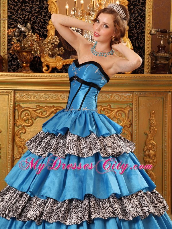 Sweetheart Taffeta Ruffles Blue Quinceanera Dress with Zebra