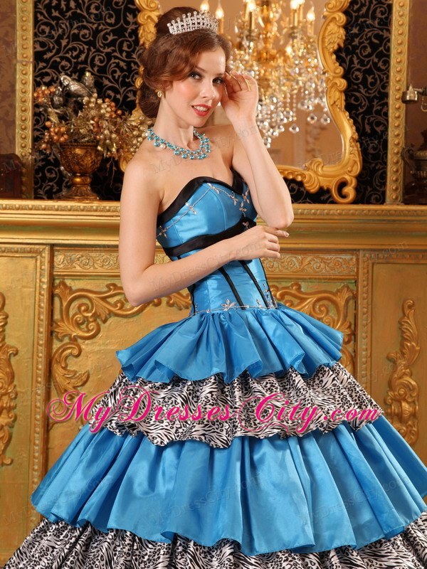 Sweetheart Taffeta Ruffles Blue Quinceanera Dress with Zebra