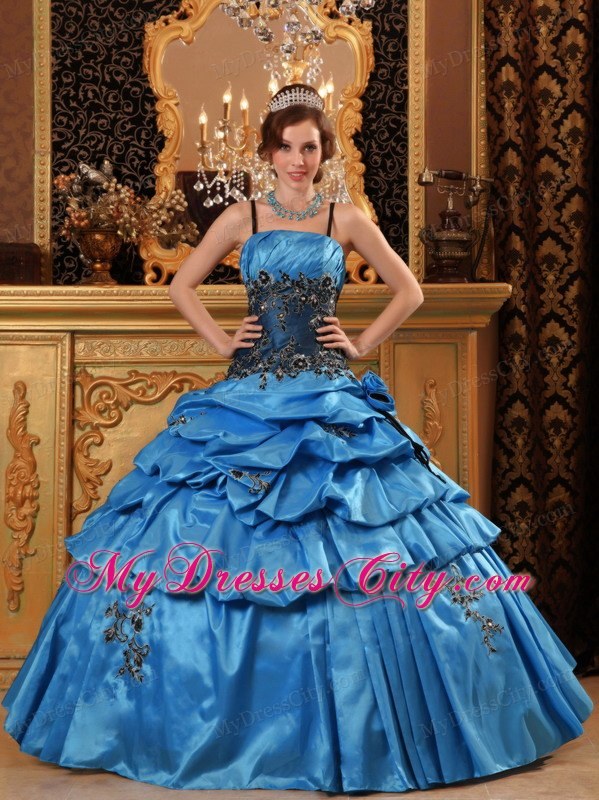 Taffeta Appliques Ball Gown Sweet 15 Dress in Blue with Straps