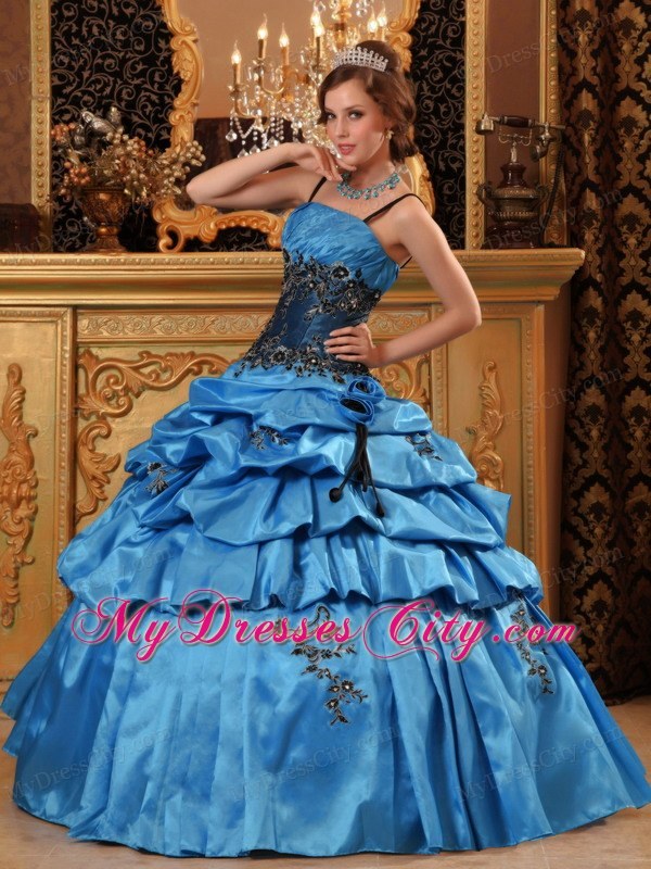 Taffeta Appliques Ball Gown Sweet 15 Dress in Blue with Straps