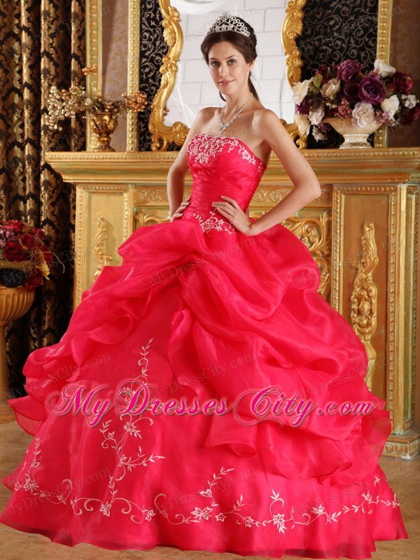 Sparkling Coral Red Embroidery Organza Quinceanera Dress