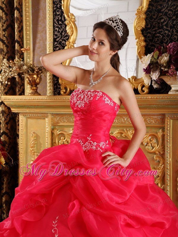 Sparkling Coral Red Embroidery Organza Quinceanera Dress