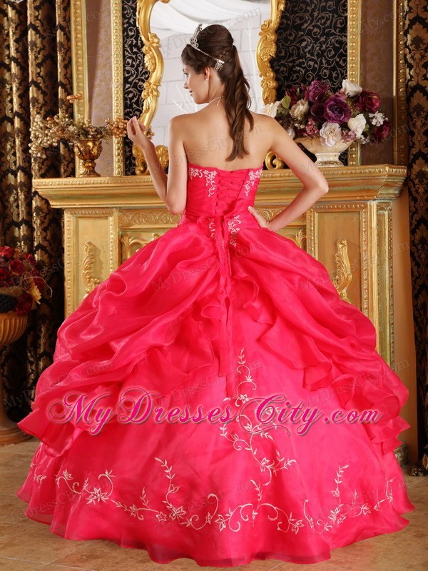 Sparkling Coral Red Embroidery Organza Quinceanera Dress