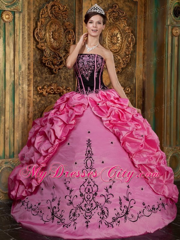 Rose Pink Strapless Embroidery Taffeta Dress for Sweet 15